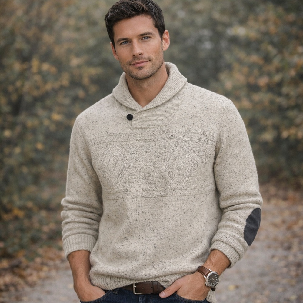 Chaps Men’s Shawl Collar Knit Sweater Elbow Patch Oatmeal L